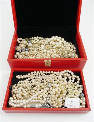 Lot 1 - #A box of simulated pearl jewellery including assorted simulated pearl necklaces etc, and a...