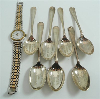 Lot 4 - Longines lady's wristwatch and seven silver teaspoons