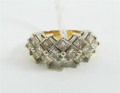 Lot 12 - An 18ct gold diamond cluster ring, set with princess cut diamonds (one chipped), total diamond...