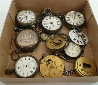 Lot 24 - Three silver pocket watches, nickle plated pocket watch, fob watch and three silver watch chains