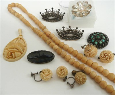 Lot 27 - A pair of coronet brooches, a butterfly ring brooch, ivory jewellery etc