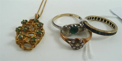 Lot 33 - A 9ct gold pendant on chain, a 9ct gold cluster ring, a sapphire full eternity ring and a paste...