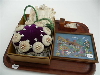 Lot 60 - Purple velvet and beaded pin cushion, embroidered picture, kid leather gloves and miniature...