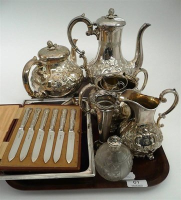 Lot 61 - Four piece plated tea service, cased spoons, silver handled tea knives, silver etc