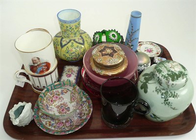Lot 87 - Tray of assorted decorative ceramics including coloured glass, Oriental wares, Royal Crown...