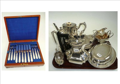Lot 90 - Cased set of mother of pearl handled tea knives, plated tureen and cover, four piece plated tea...