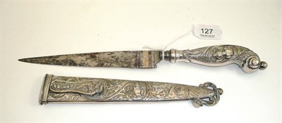 Lot 127 - A 19th century Continental hunting knife, the 18.5cm pointed steel blade with three brass and...