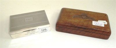 Lot 129 - A silver cigarette box and an RAF wooden cigarette box