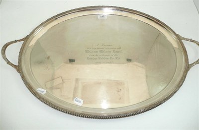 Lot 143 - # An electroplate tray, Elkington & Co, circa 1900, plain oval with twin-loop handles, presentation