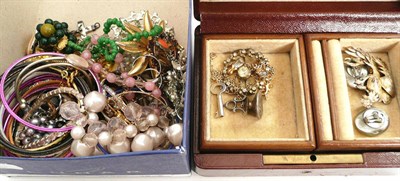 Lot 145 - 9ct gold chain, seal and assorted costume jewellery and a leather jewellery box etc