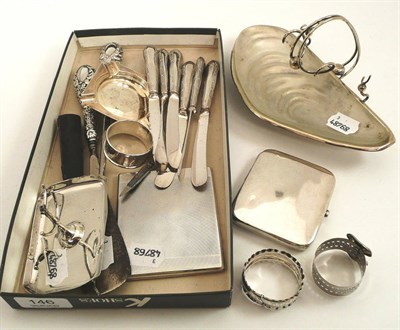 Lot 146 - Silver including cigarette cases, napkin rings, tea knives etc and a plated dish