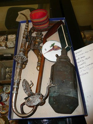 Lot 147 - White metal pipe, treen spoon, powder flask, North American shoe, nut crackers and a silver cheroot