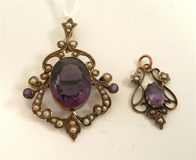 Lot 148 - Two Art Nouveau pendants (one with brooch fitting) set with amethysts and seed pearls