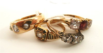 Lot 157 - A diamond five stone ring, a diamond set mourning ring, and two 18ct gold rings (4)