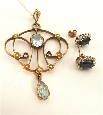 Lot 161 - An Art Nouveau style 9ct gold pendant and a pair of sapphire and diamond cluster earrings