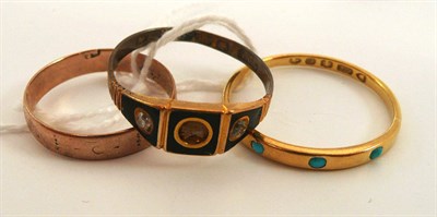 Lot 168 - # A 22ct gold band ring, inset with three turquoise cabochons, finger size U, an 18ct gold mourning