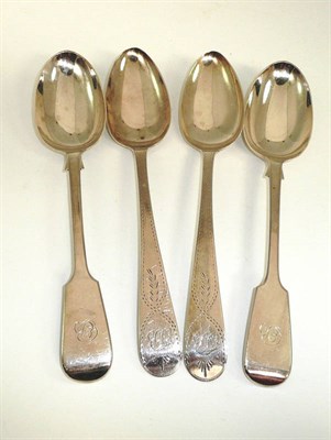 Lot 177 - Pair of Georgian silver tablespoons with bright cut decoration and another Victorian pair (4)