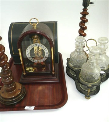 Lot 197 - # A pair of barley twist candlesticks, sewing box, three bottle decanter stand, mantel...