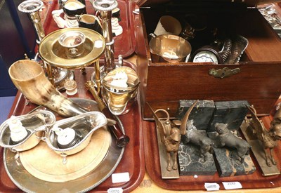 Lot 200 - # Two trays of assorted silver plate and collectables including a pair of spelter bulldog bookends