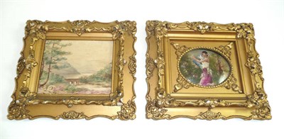 Lot 202 - A gilt framed Vienna type plaque depicting a lady and a small watercolour (2)