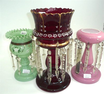 Lot 203 - A Victorian ruby glass lustre and two other lustres (3)