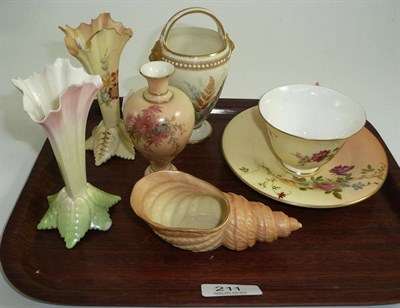 Lot 211 - A Worcester shell, a small vase, two spill vases, a baluster vase and a cup and saucer