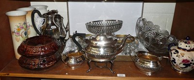 Lot 223 - Shelf including cased champagne glasses, silver plated items, two glass light fittings,...