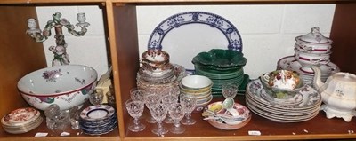 Lot 235 - Two shelves boxes including Wedgwood china, tea wares, Samson bowl, glass decanters etc