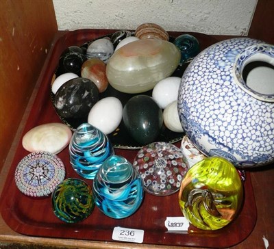 Lot 236 - Collection of glass paperweights and hardstone egg ornaments