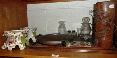 Lot 240 - Two porcelain rococo style stands, two warming pans, cruet frame and oak tray