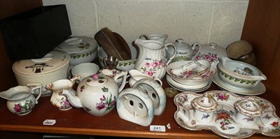 Lot 241 - A shelf of decorative ceramics including Herrend, Royal Crown Derby, four silver backed brushes etc