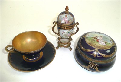 Lot 259 - Vienna type cabinet cup and saucer, circular trinket box, miniature Sèvres style vase and cover