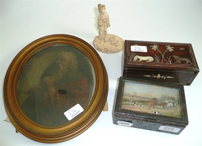 Lot 274 - Gilt framed oval oil of Christ, two trinket boxes and a carved ivory figure (a.f.)