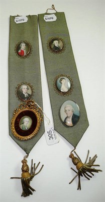 Lot 305 - # Four 18th/19th century portrait miniatures mounted on two cloth strips with metal thread...