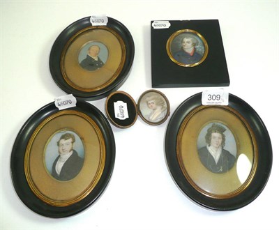 Lot 309 - # A set of three 19th century oval portrait miniatures and two others