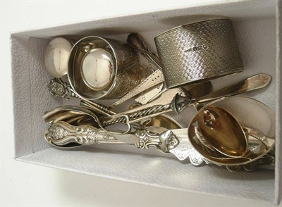 Lot 314 - Three silver napkin rings, two silver mounted glass jars, silver flatwares etc