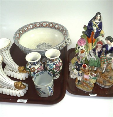 Lot 367 - A Victorian Staffordshire group, three others, a pair of Coalport vases, a punch bowl etc