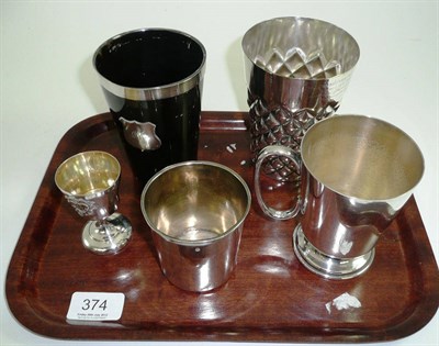 Lot 374 - A white metal mounted horn beaker, a Continental white metal beaker and three others (5)