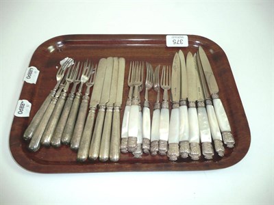 Lot 375 - A set of cake knives and forks with silver blades and tines and mother of pearl handles and a...