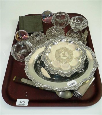 Lot 376 - Six glass salts, two menu holders, plated items etc