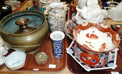 Lot 377 - Chinese jardiniere, vases, Oriental pots etc (two trays)