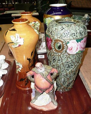 Lot 380 - A pair of Austrian vases, two other continental vases and a Royal Doulton figure 'Falstaff'