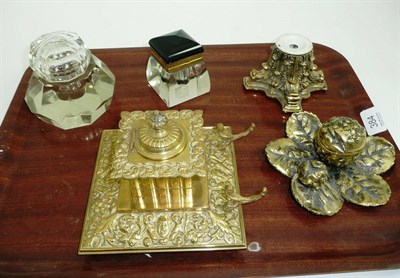 Lot 384 - A brass inkwell, another, an adapted 'Corinthian' inkwell and two glass examples