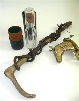 Lot 387 - Hunting whip, flask and a brass horse knocker