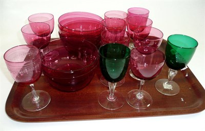 Lot 389 - Six cranberry bowls, cranberry glasses and two green glasses