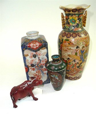 Lot 390 - An Imari vase (a.f.), a Chinese vase, a cloisonné vase and a wooden buffalo