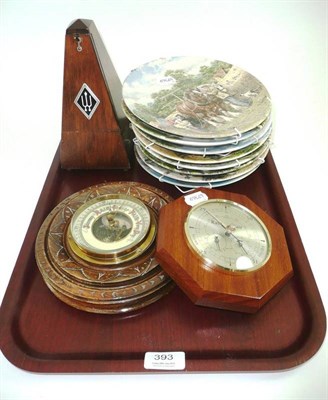 Lot 393 - An aneroid barometer, another, a metronome and eight collector's plates