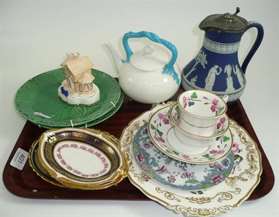 Lot 401 - Jasper jug, two green plates, round drainer, Copeland and Garrett plate, tea kettle, cottage...