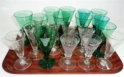 Lot 403 - A tray of assorted clear and green drinking glasses