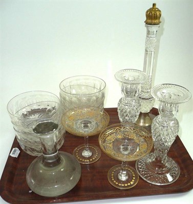 Lot 404 - Glass lamp base, two gilded glasses, eight finger bowls, pair of candlesticks and a glass mortar